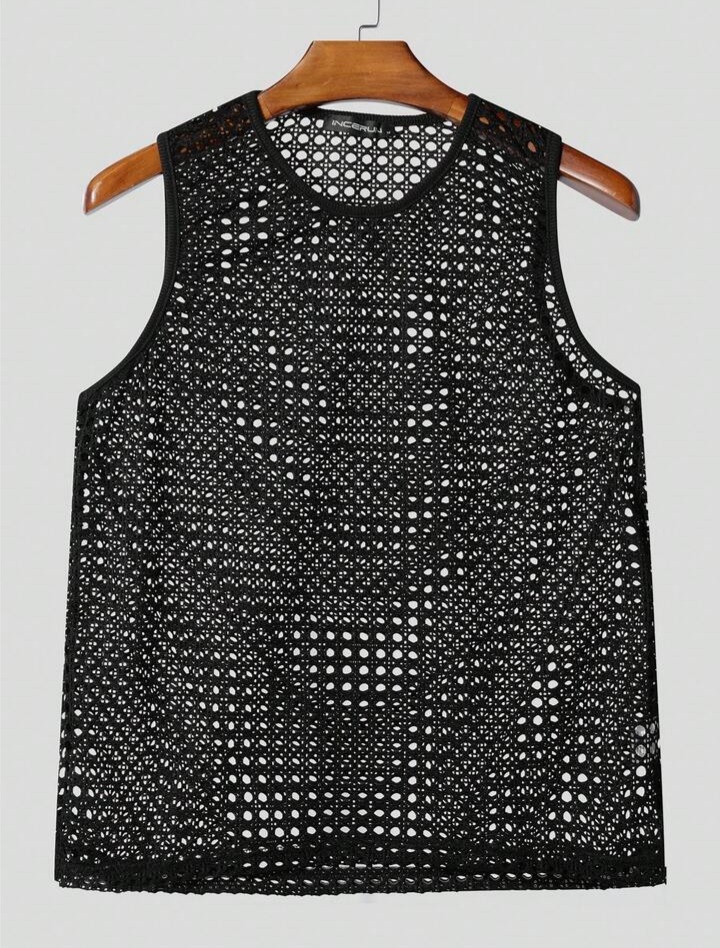Men's O-Neck Sleeveless Pointelle Hollow Out Tank Tops Casual T-Shirt